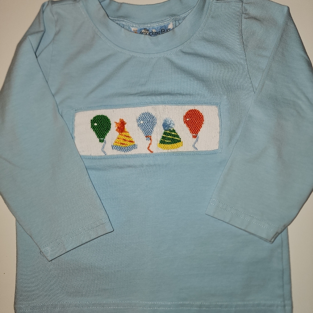 EUC The Smocking Bug baby blue long sleeve t-shirt with smocked birthday pattern